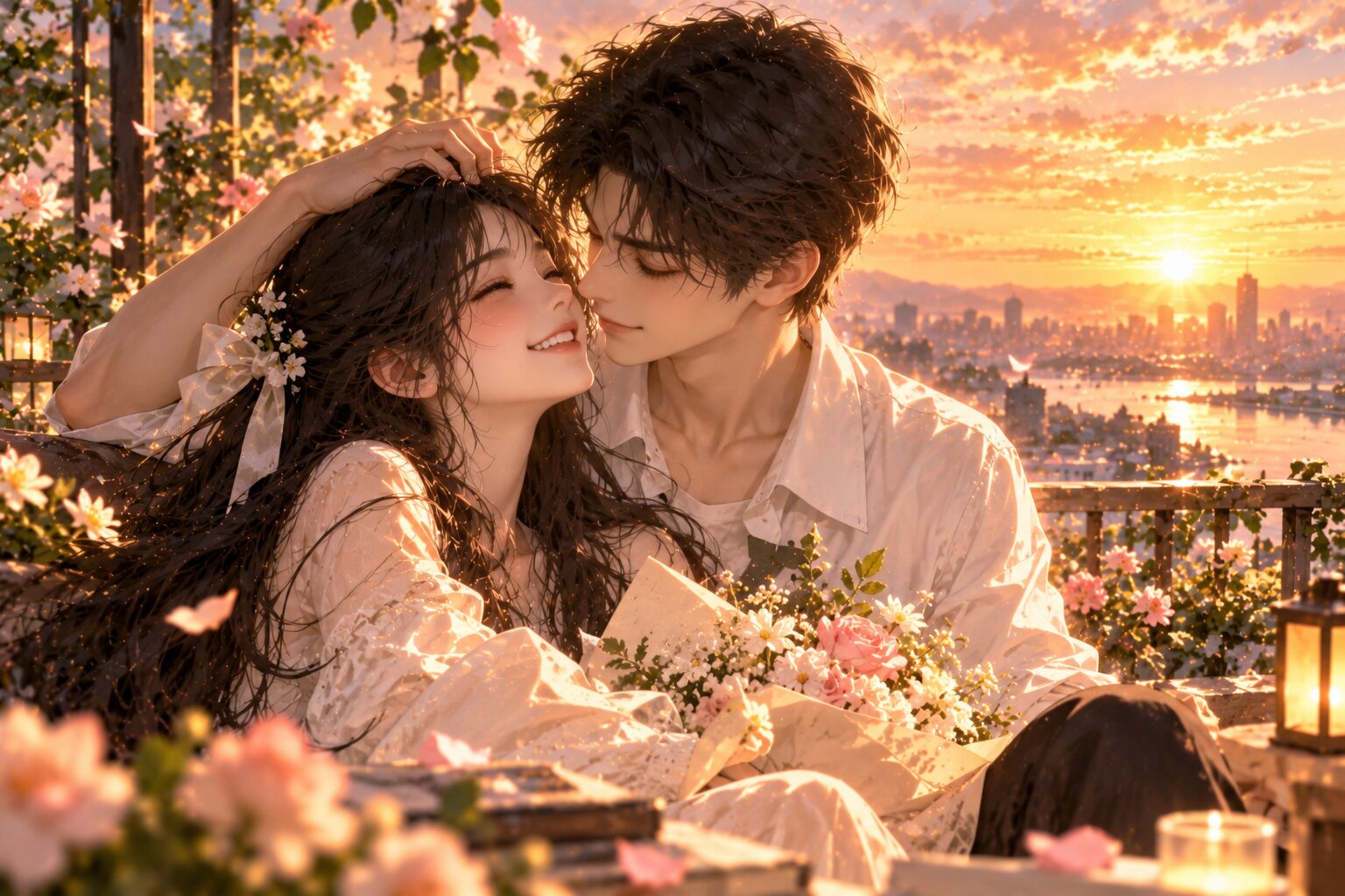 Hai nhân vật chính đứng cạnh nhau trong khung cảnh hoàng hôn ấm áp, trao nhau ánh mắt dịu dàng và nụ cười hạnh phúc sau những hiểu lầm