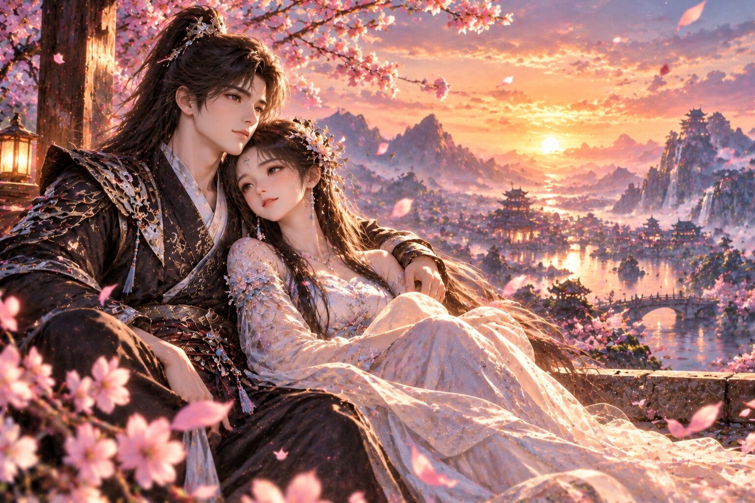 Hai nhân vật đứng cạnh nhau trong khung cảnh hoàng hôn ấm áp, thể hiện tình yêu trưởng thành sau khi vượt qua khoảng cách giữa thế giới ảo và đời thực