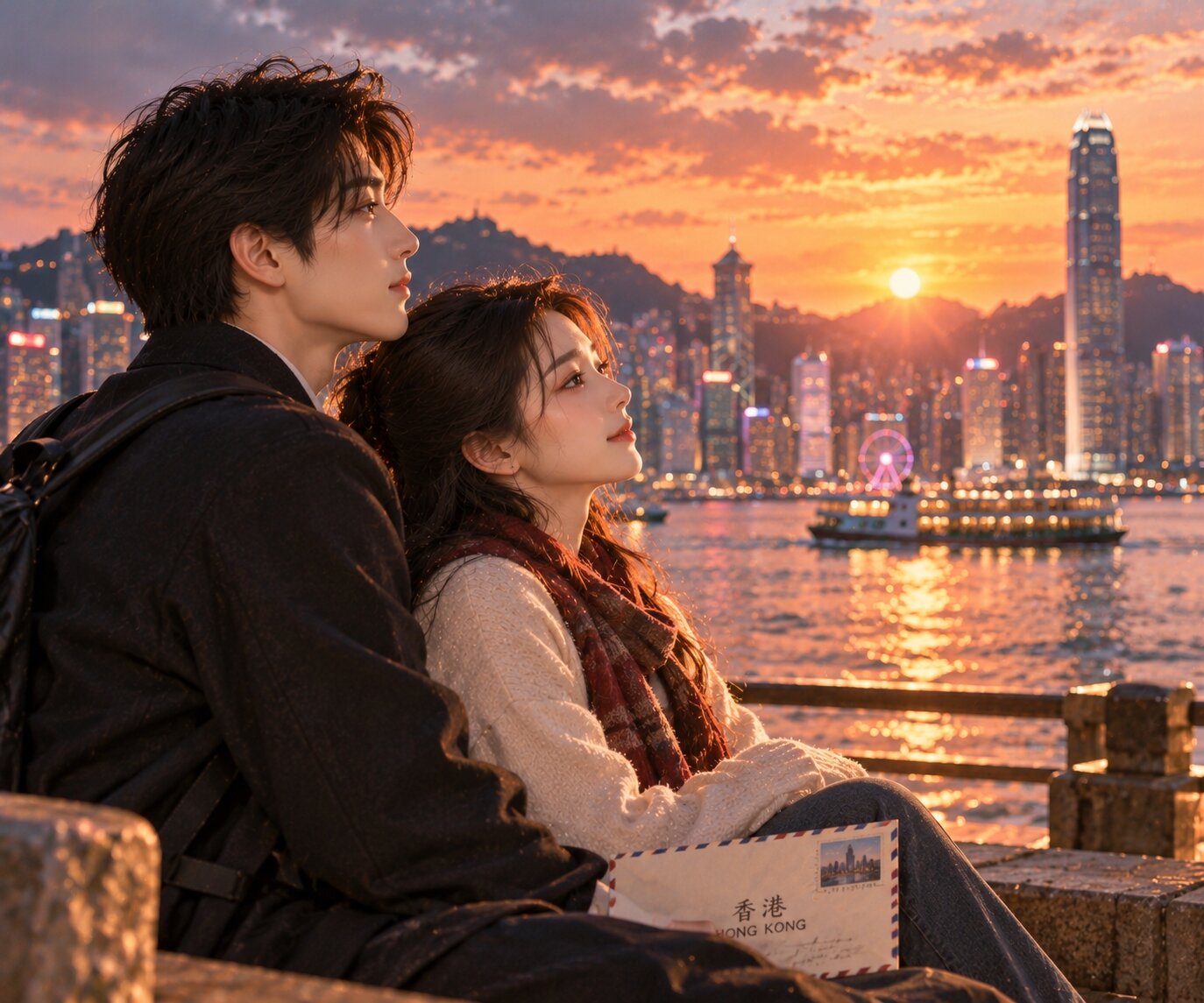 Hai nhân vật gặp lại nhau bên bến cảng Hồng Kông lúc hoàng hôn, cùng nhìn về phía biển, thể hiện sự trưởng thành và những cảm xúc sau thời gian xa cách