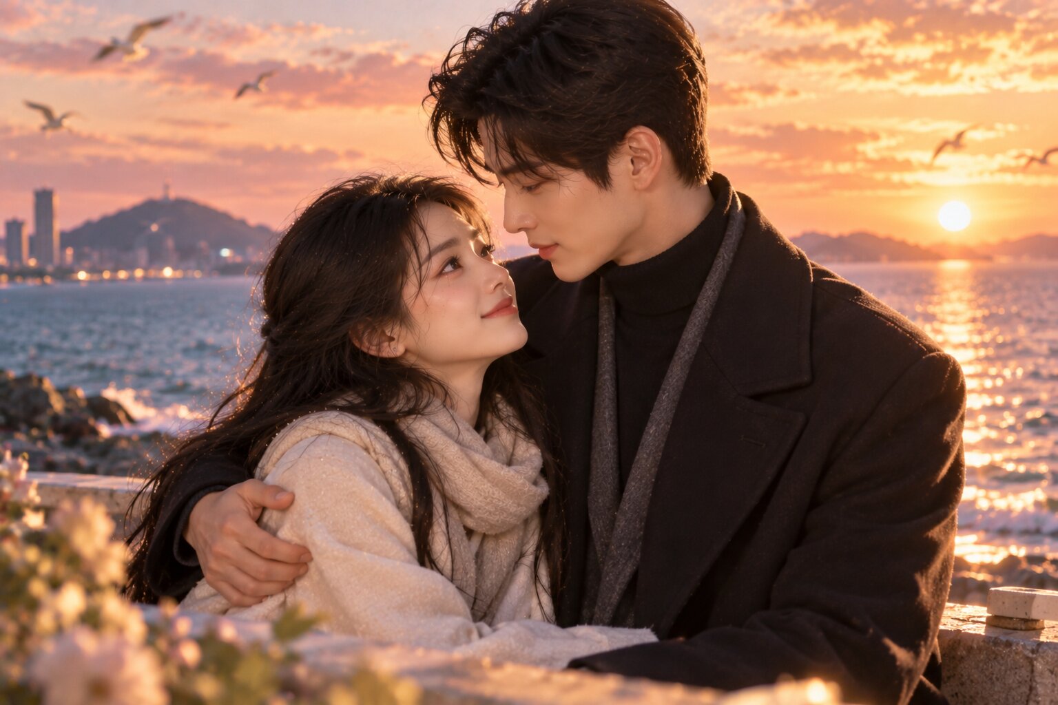 Đỗ Hiểu Tô và Lôi Vũ Tranh đứng cạnh nhau bên bờ biển lúc bình minh, sau lưng là thành phố xa xa, cả hai bình yên nhìn về tương lai sau những mất mát đã trải qua