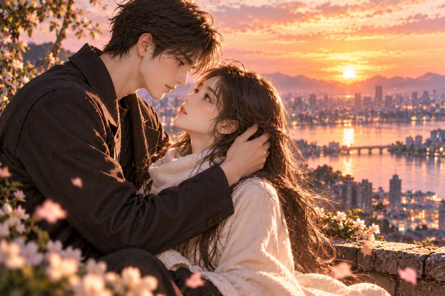 Hai nhân vật gặp lại nhau trong khung cảnh hoàng hôn dịu dàng, ánh mắt thể hiện sự trưởng thành, thấu hiểu và những cảm xúc còn lưu giữ sau hành trình tình yêu