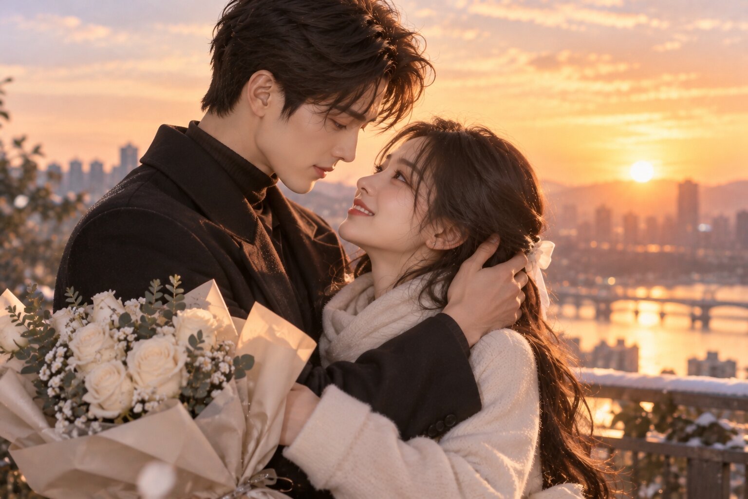 Hồ Tu và Điêu Trĩ Vũ đứng bên nhau trong khung cảnh thành phố lúc hoàng hôn, cả hai nắm tay và mỉm cười, tượng trưng cho tình yêu chân thành sau khi bước ra khỏi những vai diễn