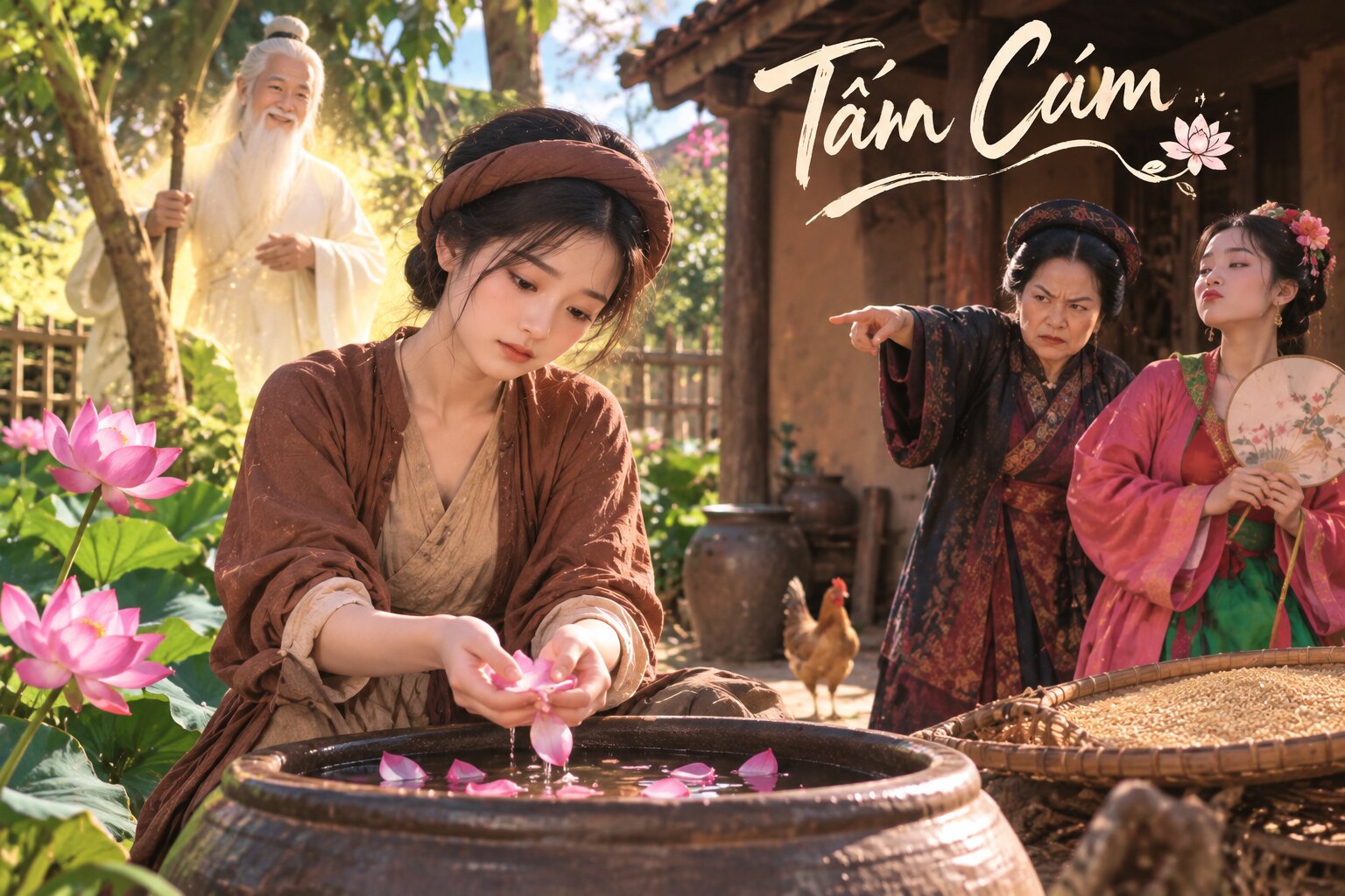 Tấm chịu nhiều bất công từ mẹ con Cám nhưng vẫn giữ sự hiền lành trong truyện cổ tích Tấm Cám