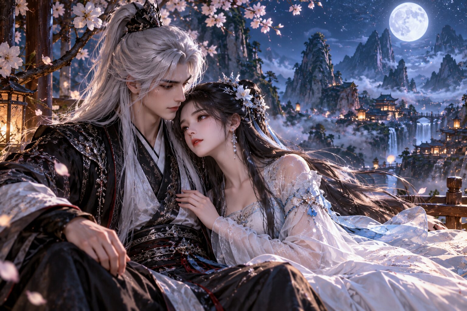 Vương Lâm và Lý Mộ Uyển đứng cạnh nhau trong khung cảnh tiên hiệp tĩnh lặng, phía xa là núi non và bầu trời sao, thể hiện khoảng thời gian hiếm hoi bình yên giữa hành trình tu đạo đầy sinh tử
