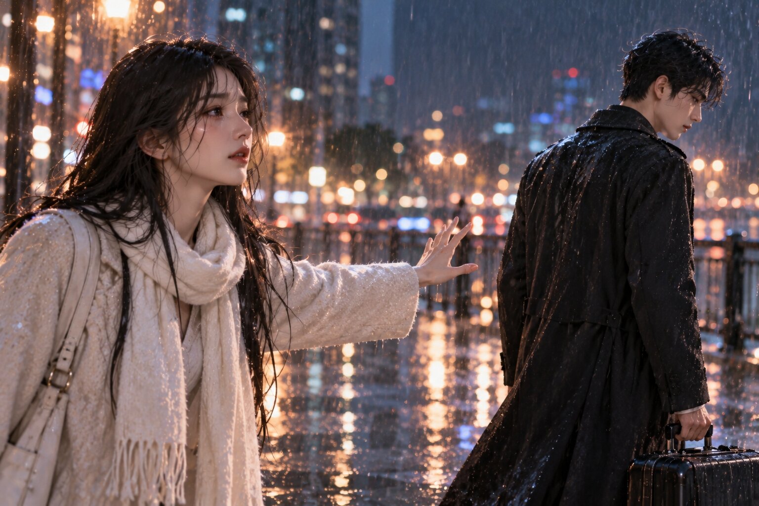 Hai nhân vật chính đứng cách nhau dưới trời mưa vào ban đêm, một người chuẩn bị rời đi trong khi người còn lại nhìn theo đầy buồn bã và do dự