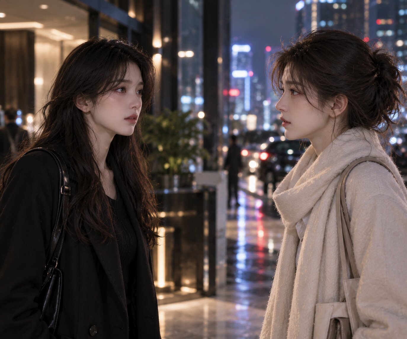 Kiều Nghiên đứng đối diện Kiều Lâm giữa thành phố vào buổi tối, hai chị em gặp lại sau nhiều năm, ánh mắt vừa thân thuộc vừa xa cách