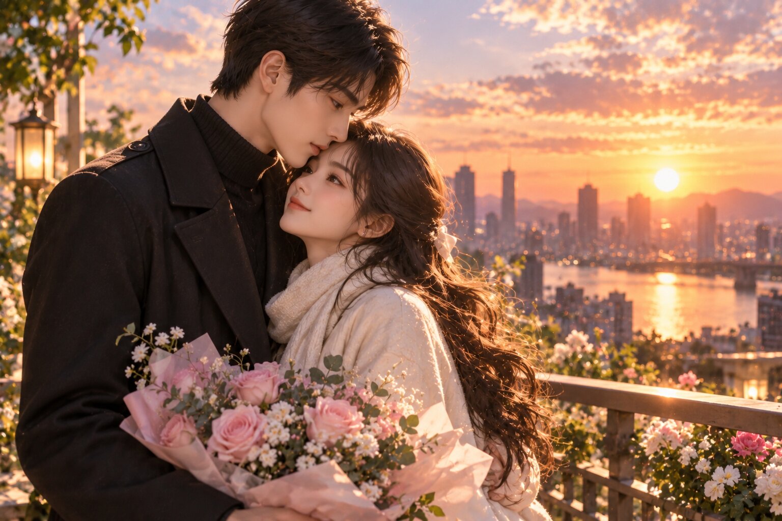 Hai nhân vật chính đứng cạnh nhau trong ánh chiều dịu nhẹ, không còn khoảng cách hay sự đối đầu như trước, ánh mắt bình yên thể hiện họ đã lựa chọn ở lại sau tất cả biến cố