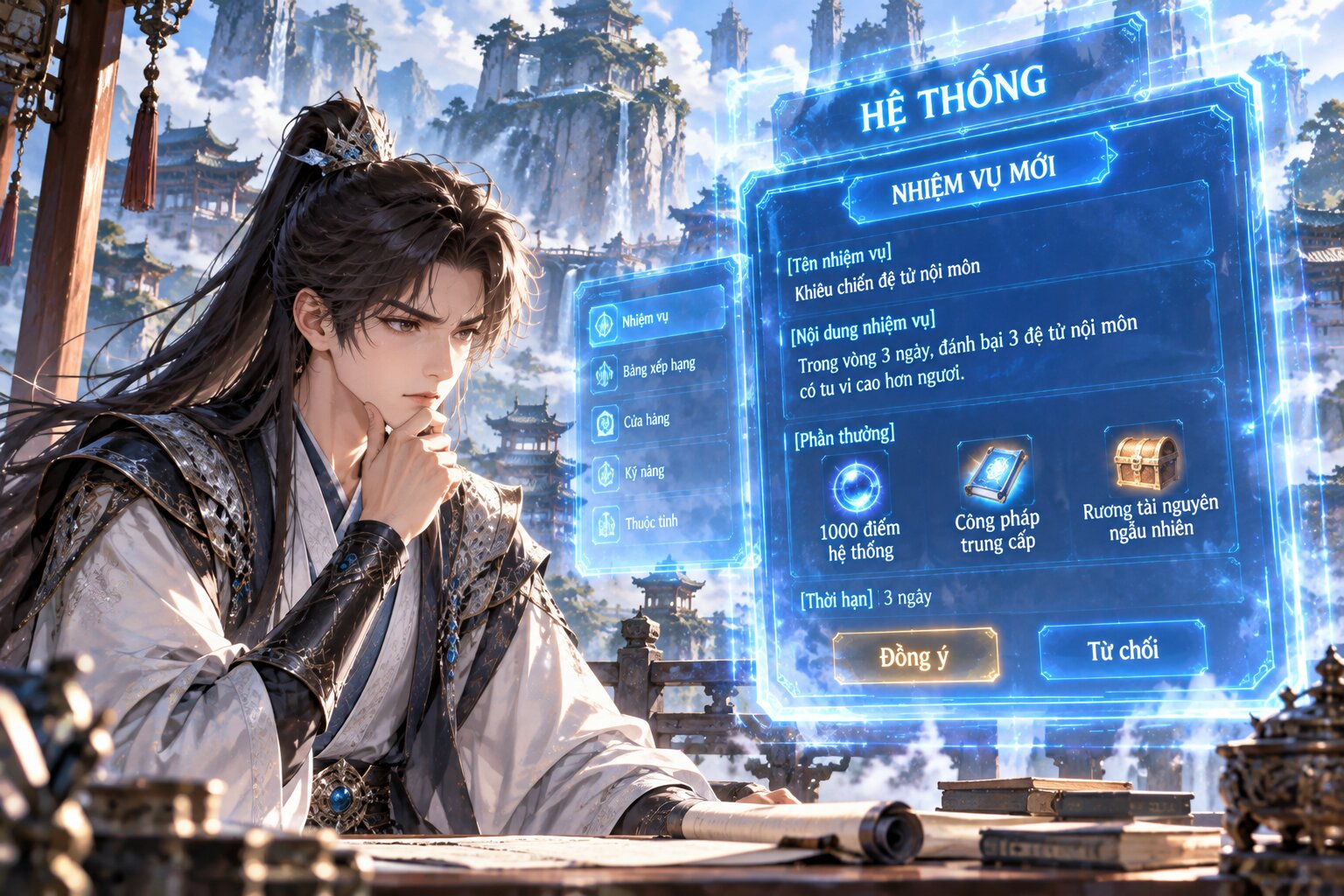 Nhân vật chính đứng trước bảng nhiệm vụ hệ thống lơ lửng giữa không trung, xung quanh xuất hiện biểu tượng kỹ năng, vật phẩm và những phần thưởng đang chờ được mở khóa