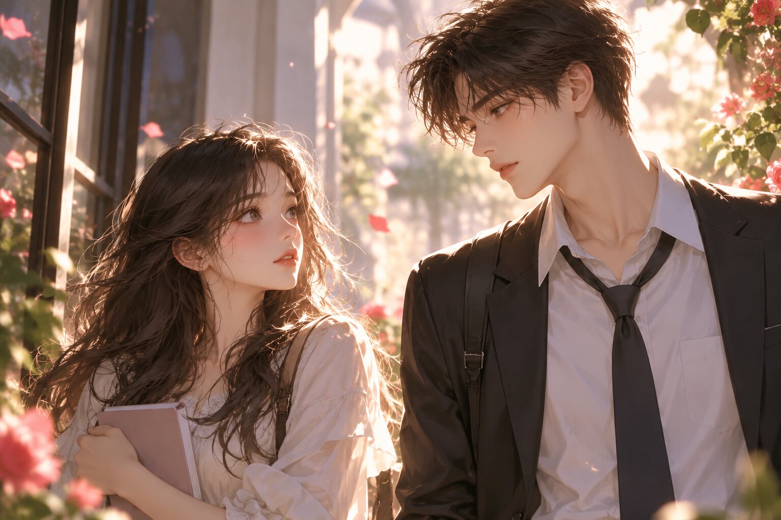 Hai nhân vật chính đứng gần nhau trong một không gian yên tĩnh, ánh mắt vô tình hướng về đối phương, tạo cảm giác tình cảm vừa mới chớm nở nhưng cả hai vẫn chưa nhận ra hoàn toàn
