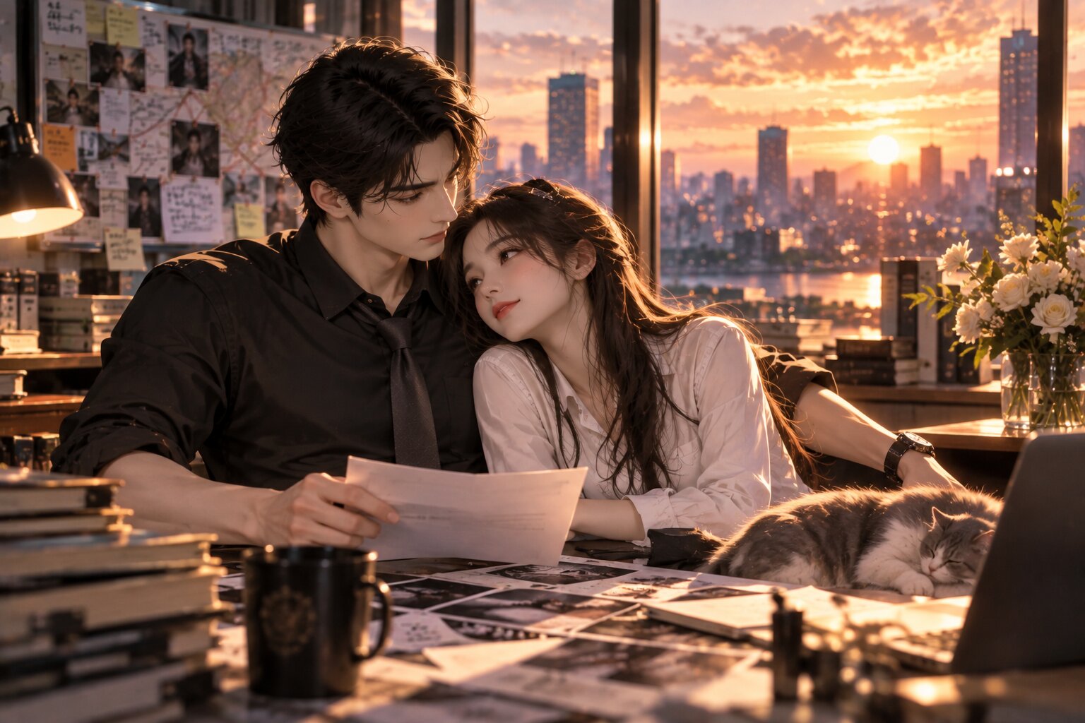 Bạc Cận Ngôn và Giản Dao đứng cạnh nhau bên cửa sổ trong ánh sáng bình minh, phía sau là bàn làm việc cùng những hồ sơ vụ án đã khép lại, tạo cảm giác bình yên sau hành trình dài