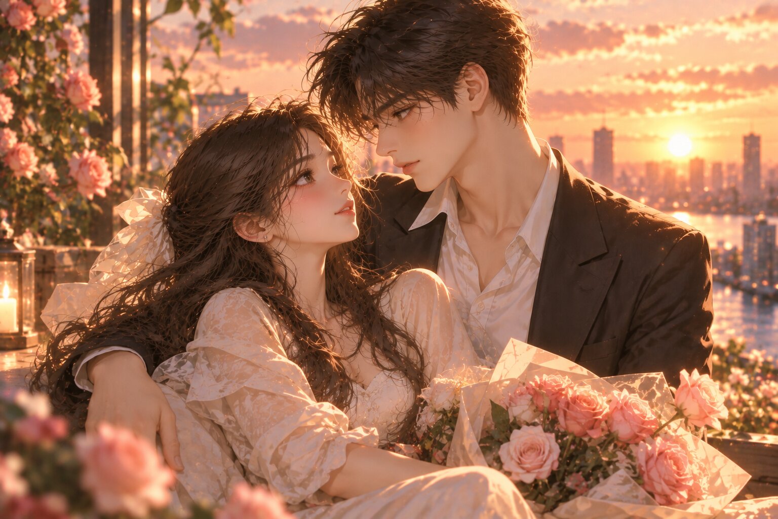 Hai nhân vật chính đứng cạnh nhau trong ánh sáng bình minh, ánh mắt bình yên hướng về đối phương sau khi đã vượt qua những hiểu lầm và thử thách trong tình yêu