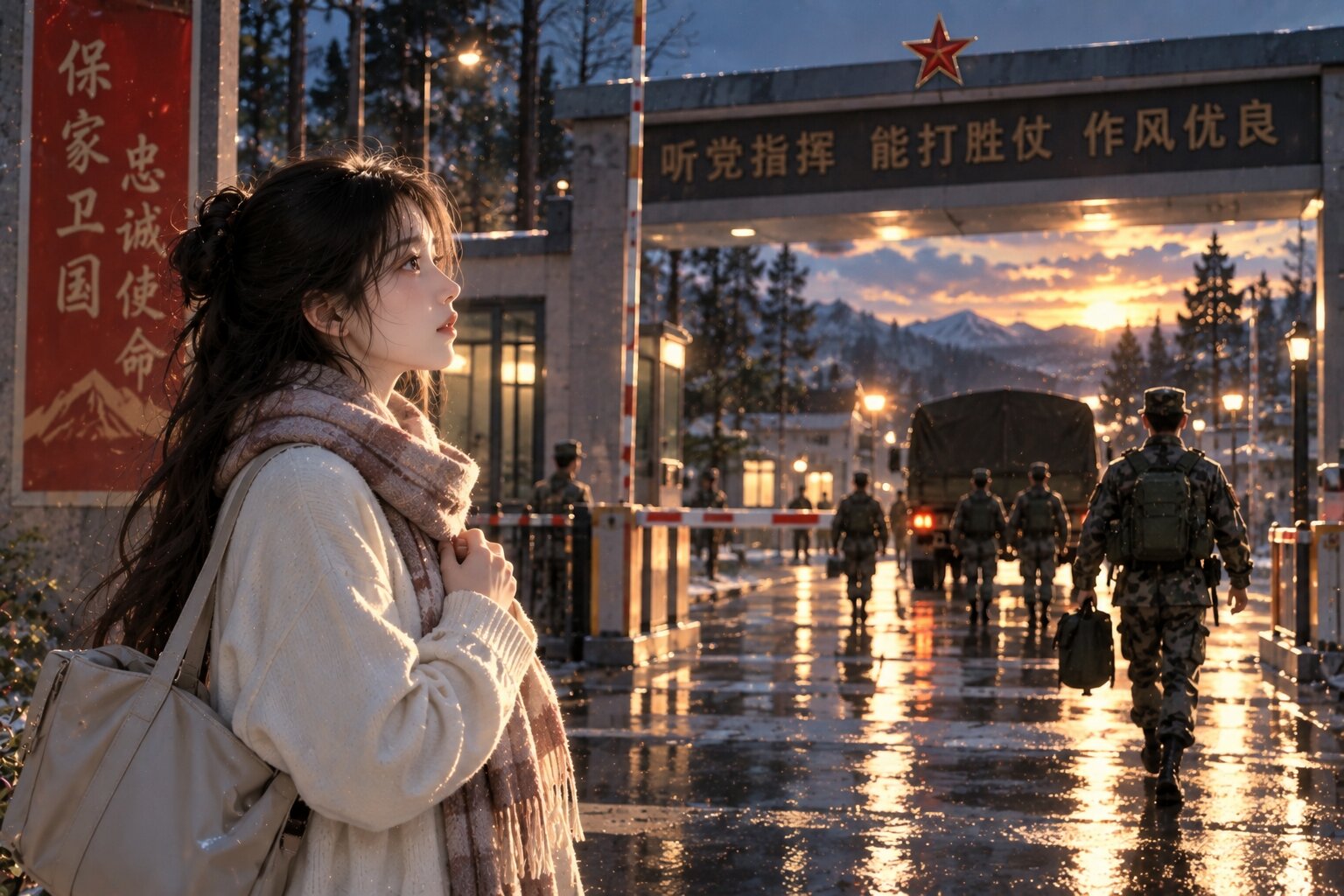 Nữ chính đứng bên cửa sổ vào buổi tối, phía ngoài là ánh đèn thành phố và màn mưa nhẹ, trong tay cô là điện thoại nhưng chưa có tin nhắn mới, thể hiện sự lo lắng khi nam chính đang làm nhiệm vụ