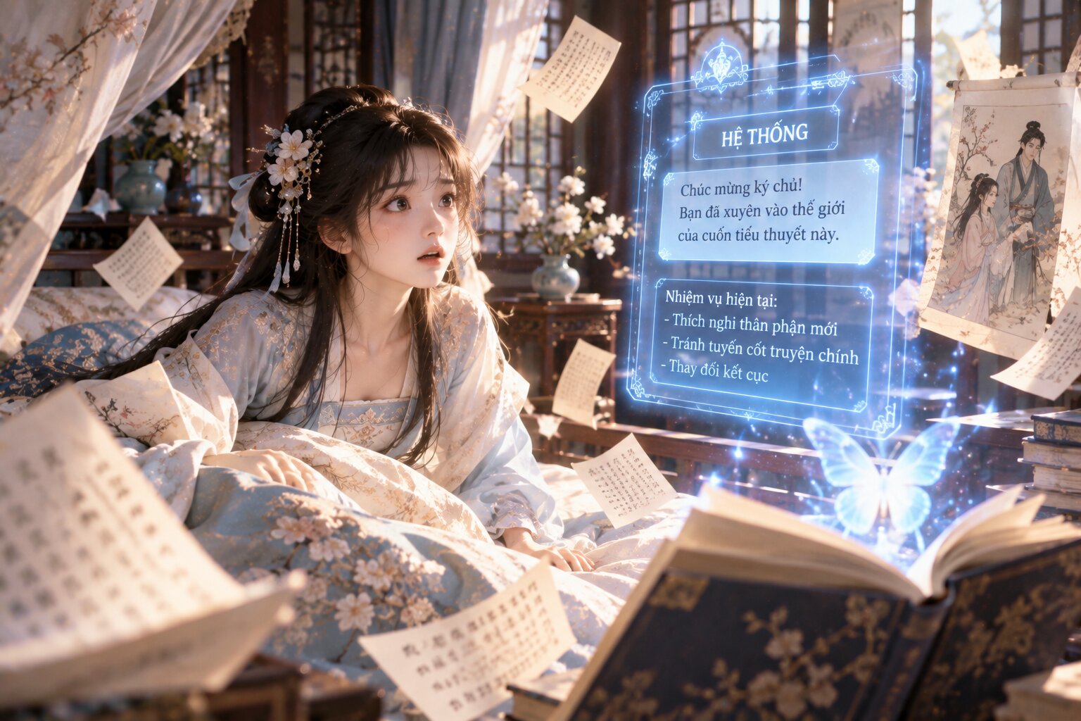 Một cô gái trẻ tỉnh dậy trong căn phòng cổ trang xa lạ, trước mặt xuất hiện những trang sách phát sáng và bảng hệ thống, xung quanh là đồ vật của thế giới tiểu thuyết