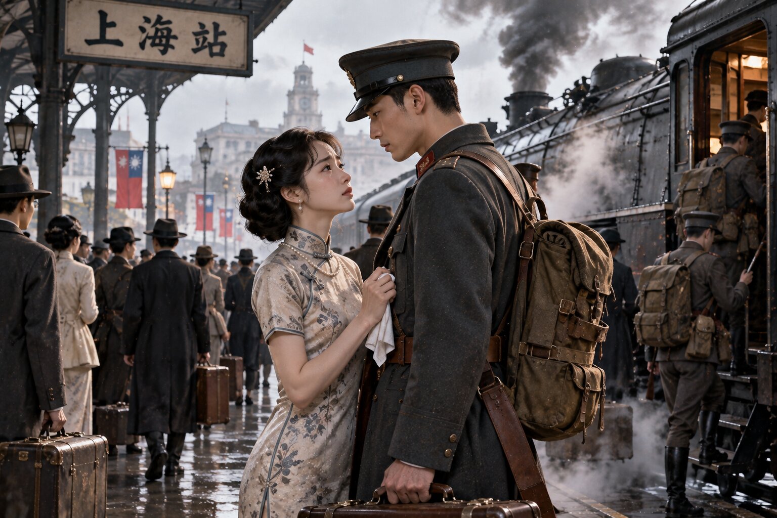 Một đôi nam nữ trẻ đứng trên sân ga đầu thế kỷ XX, người đàn ông mặc quân phục cận đại chuẩn bị lên tàu, cô gái mặc sườn xám đứng phía sau, xung quanh là hơi nước đầu máy và dòng người vội vã