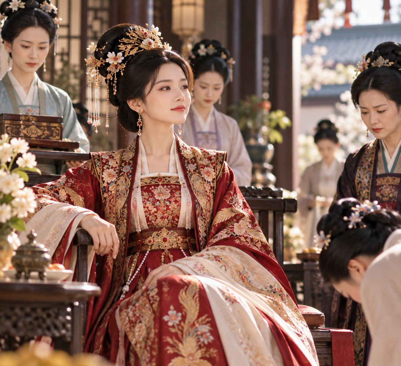 Một nữ tử cổ trang trưởng thành mặc trang phục trang nhã đứng trên bậc thềm chính của phủ đệ vào buổi sáng, phía sau là gia nhân và quản sự đang chờ lệnh, gương mặt bình tĩnh thể hiện sự tự tin sau nhiều biến cố