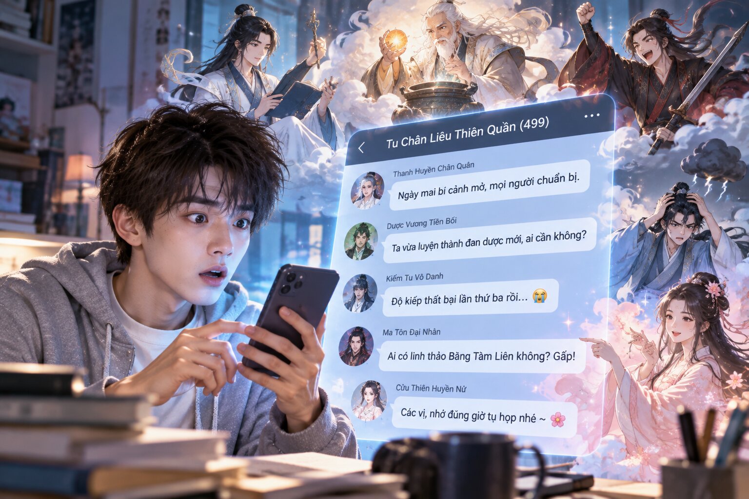 Tống Thư Hàng cầm điện thoại nhìn nhóm chat kỳ lạ, xung quanh xuất hiện hình ảnh tưởng tượng của các tu sĩ đang cưỡi kiếm, luyện đan và trò chuyện