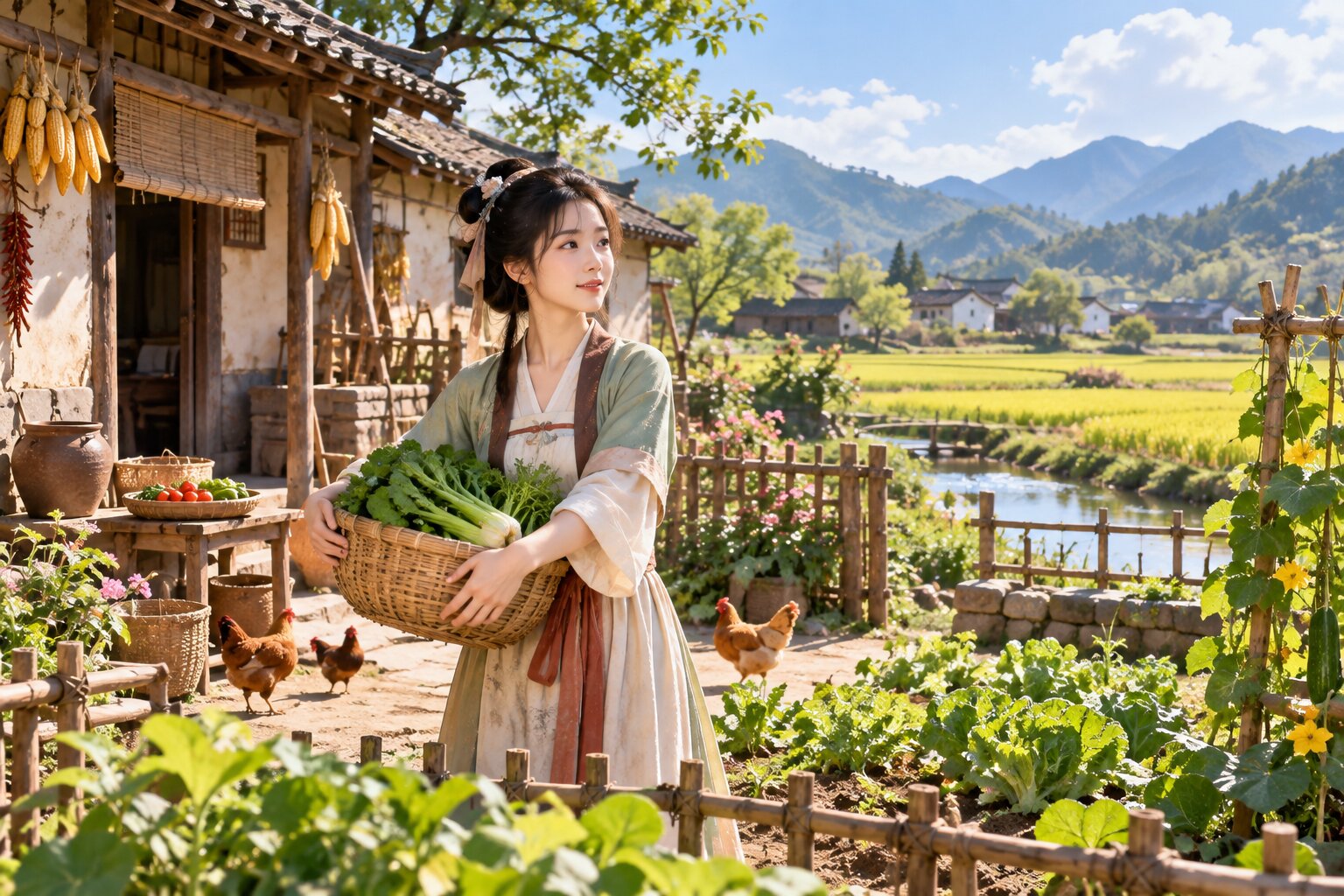 Nữ chính đứng trước căn nhà nhỏ giữa vùng quê cổ đại, xung quanh là ruộng đồng xanh mát, vườn rau và khung cảnh làng quê yên bình
