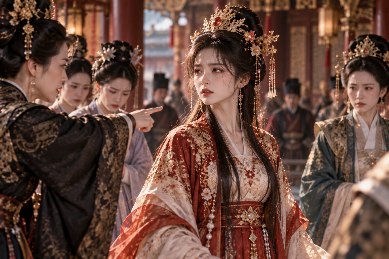 Một nữ tử cổ trang đứng giữa hành lang cung điện vào ban đêm, ánh đèn phía sau tạo cảm giác bí ẩn và căng thẳng