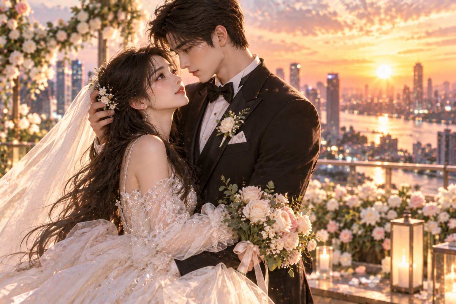 Hai nhân vật chính đứng cạnh nhau nhìn thành phố về đêm, phía sau là ánh đèn rực rỡ nhưng sự chú ý của họ chỉ dành cho người bên cạnh