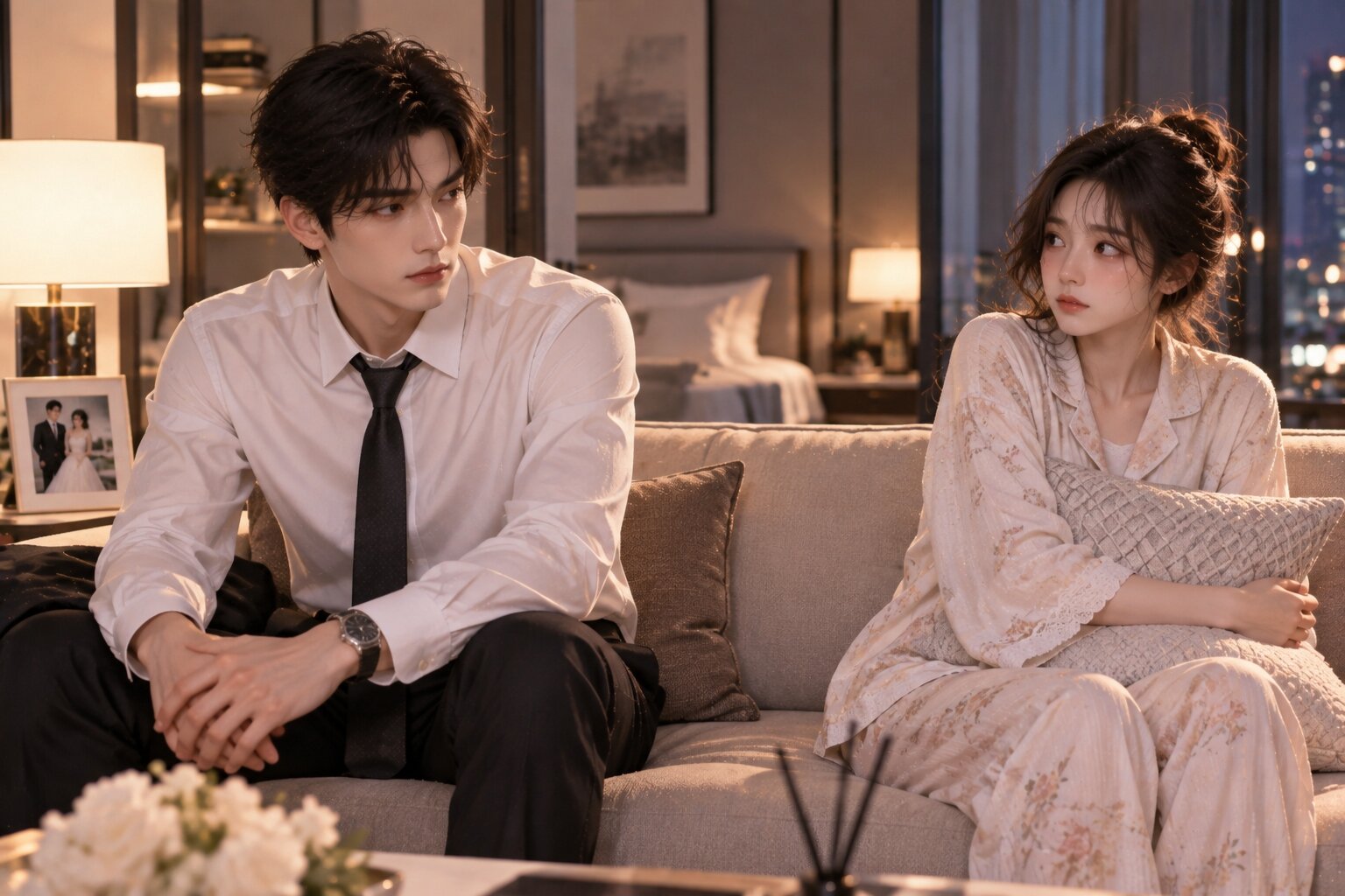 Hai nhân vật chính vừa kết hôn cùng xuất hiện trong căn nhà chung, vẫn giữ khoảng cách và có chút ngượng ngùng khi bắt đầu làm quen với cuộc sống vợ chồng