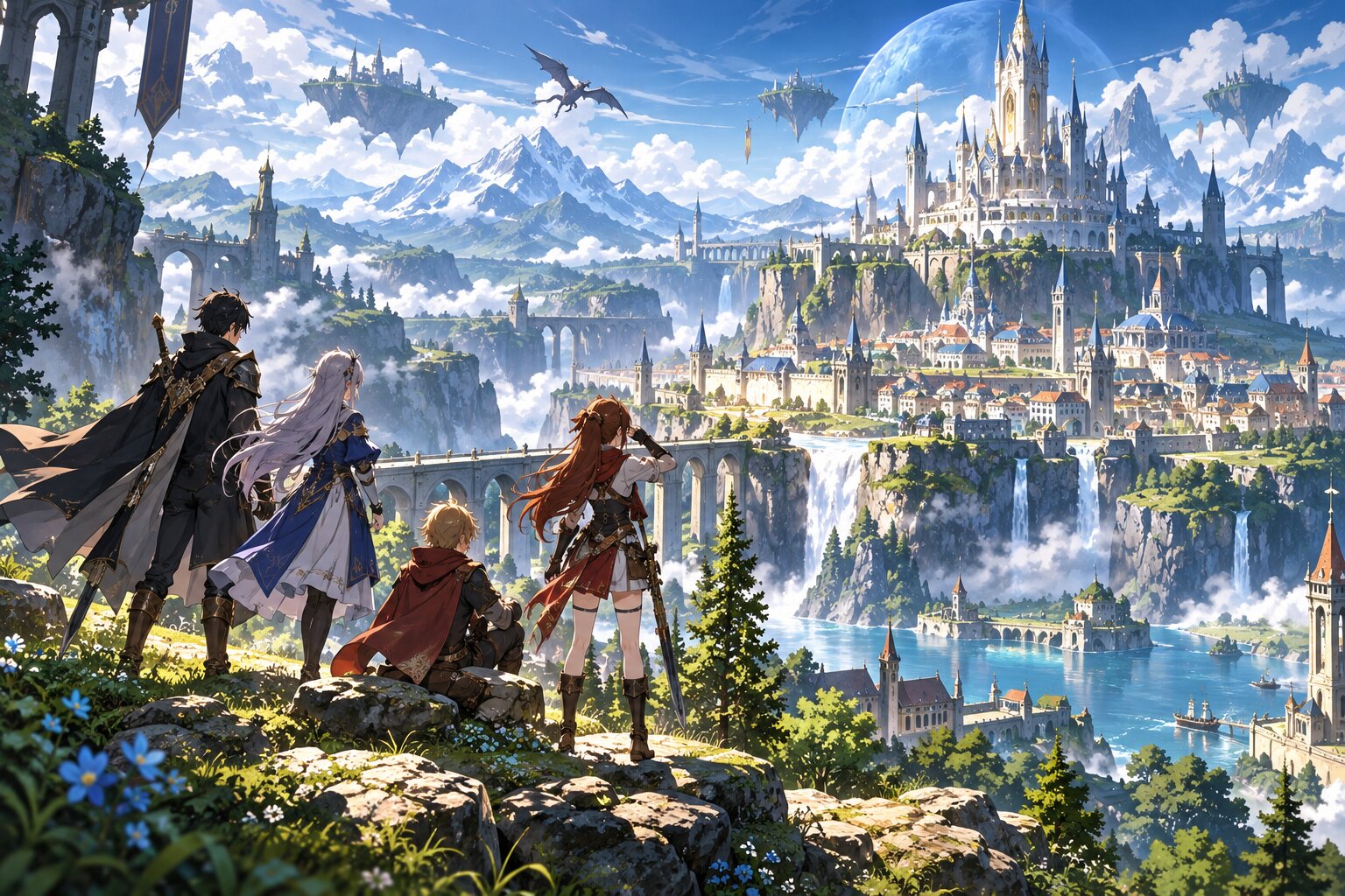 Một nhóm nhân vật trẻ đứng trước thế giới fantasy rộng lớn với thành phố, lâu đài, ma thuật và những vùng đất chưa được khám phá phía xa