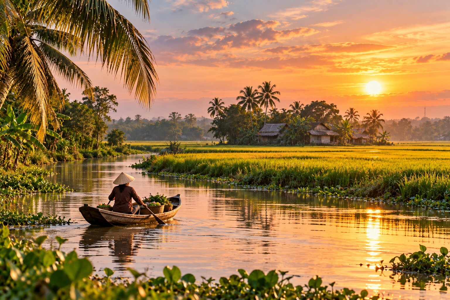 Cánh đồng rộng bên dòng sông miền Tây vào buổi chiều, một chiếc xuồng nhỏ đi qua trong không gian yên tĩnh và giàu cảm xúc